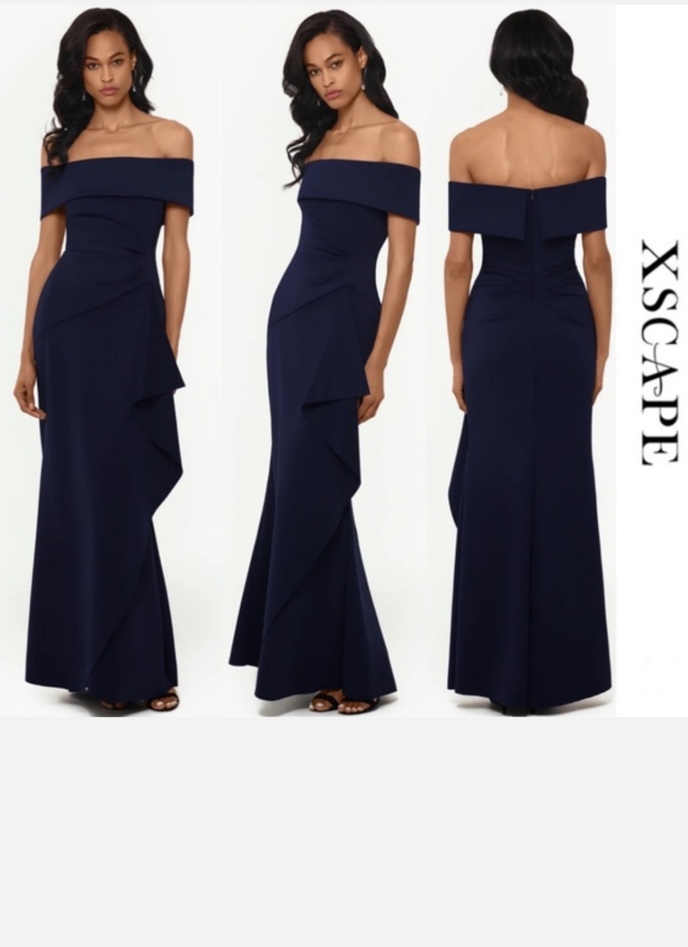 NWT - Xscape - Hailey Long Scuba Crepe Off The Shoulder Gown - Navy Blue Size 12